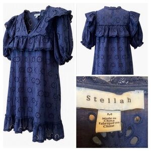 STELLAH Navy Blue Eyelet Mini Dress